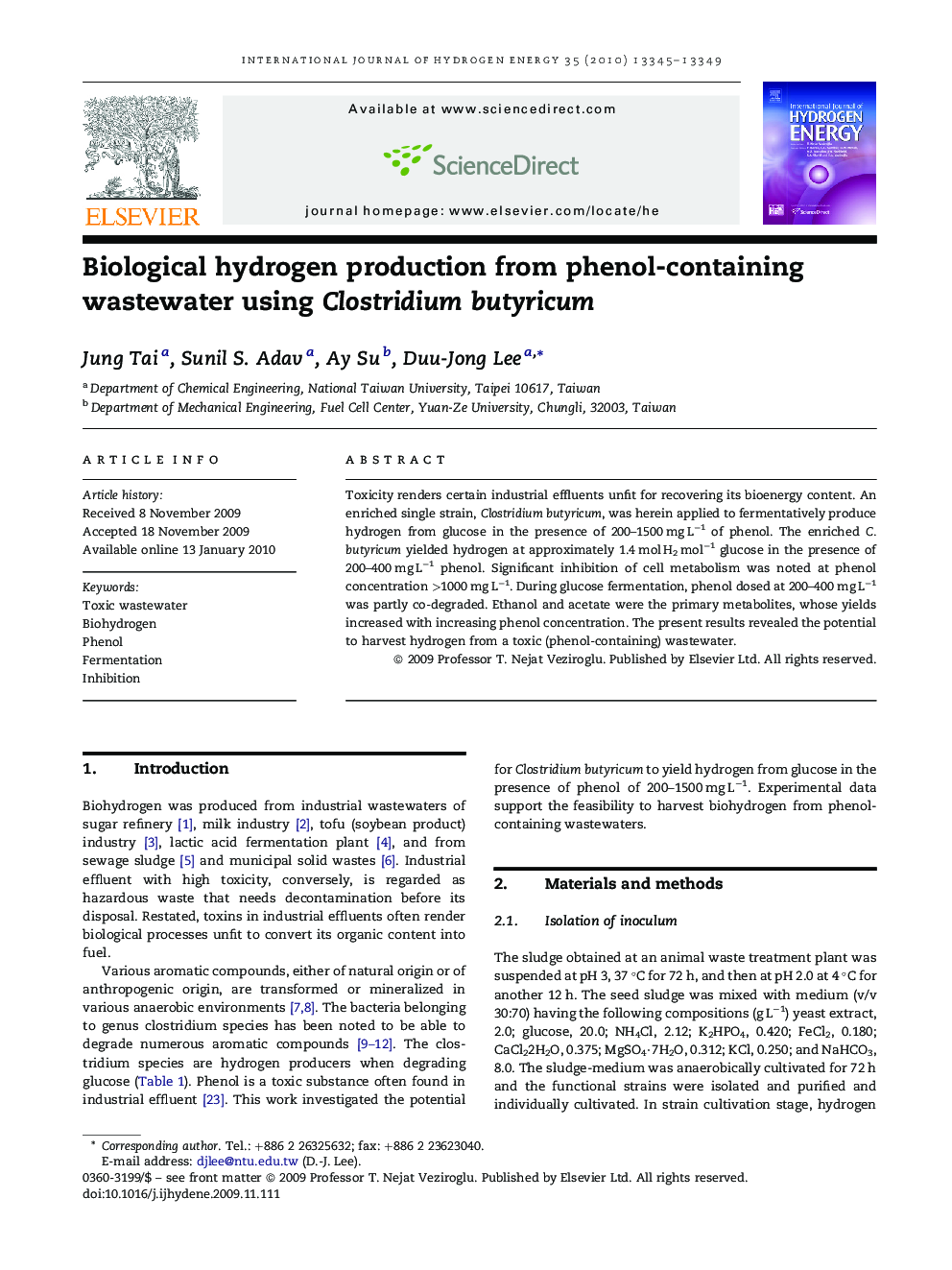 Biological hydrogen production from phenol-containing wastewater using Clostridium butyricum