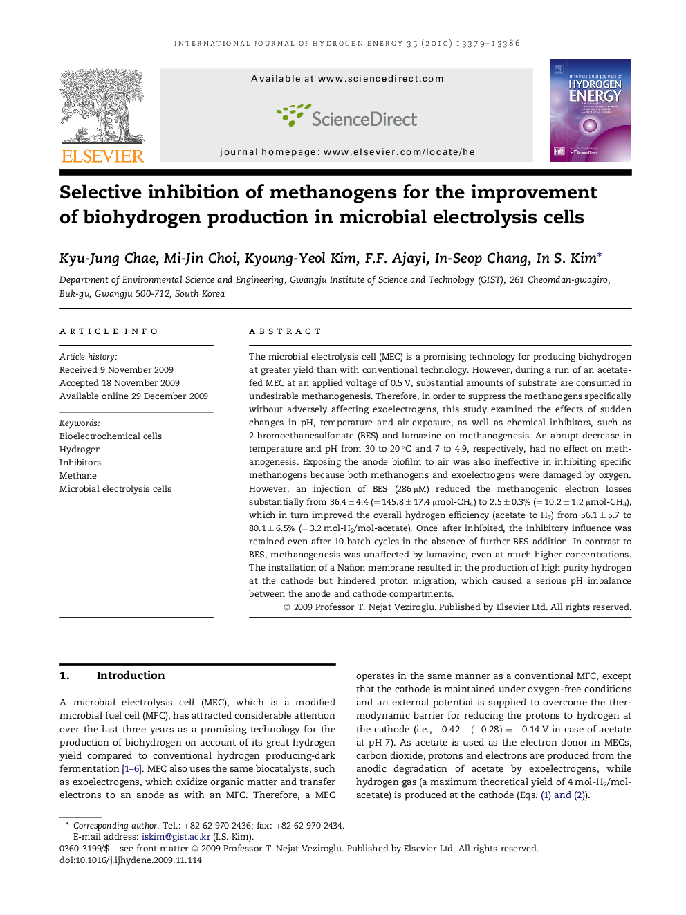 Selective inhibition of methanogens for the improvement of biohydrogen production in microbial electrolysis cells