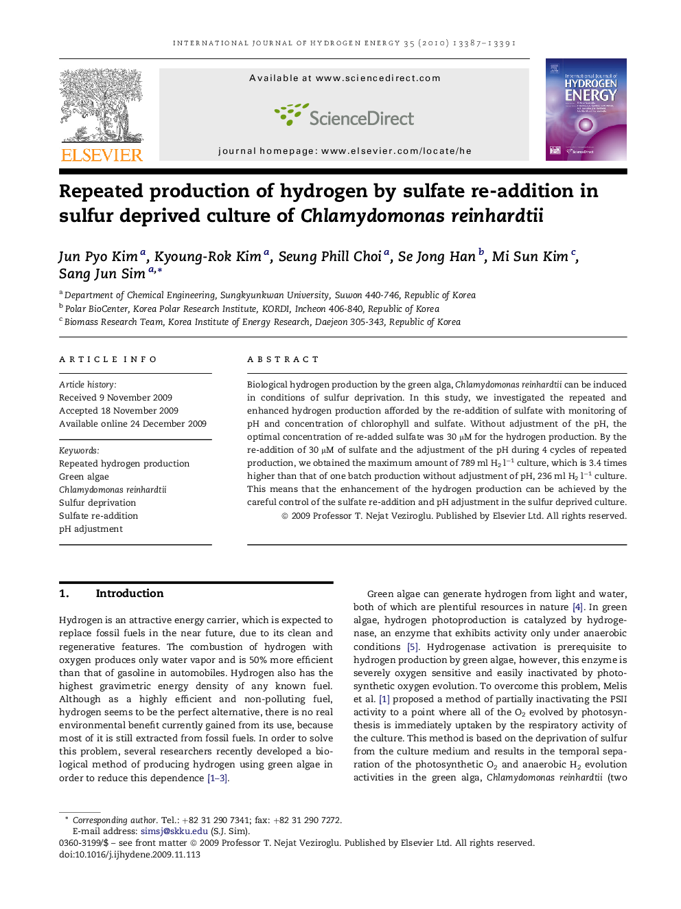 Repeated production of hydrogen by sulfate re-addition in sulfur deprived culture of Chlamydomonas reinhardtii