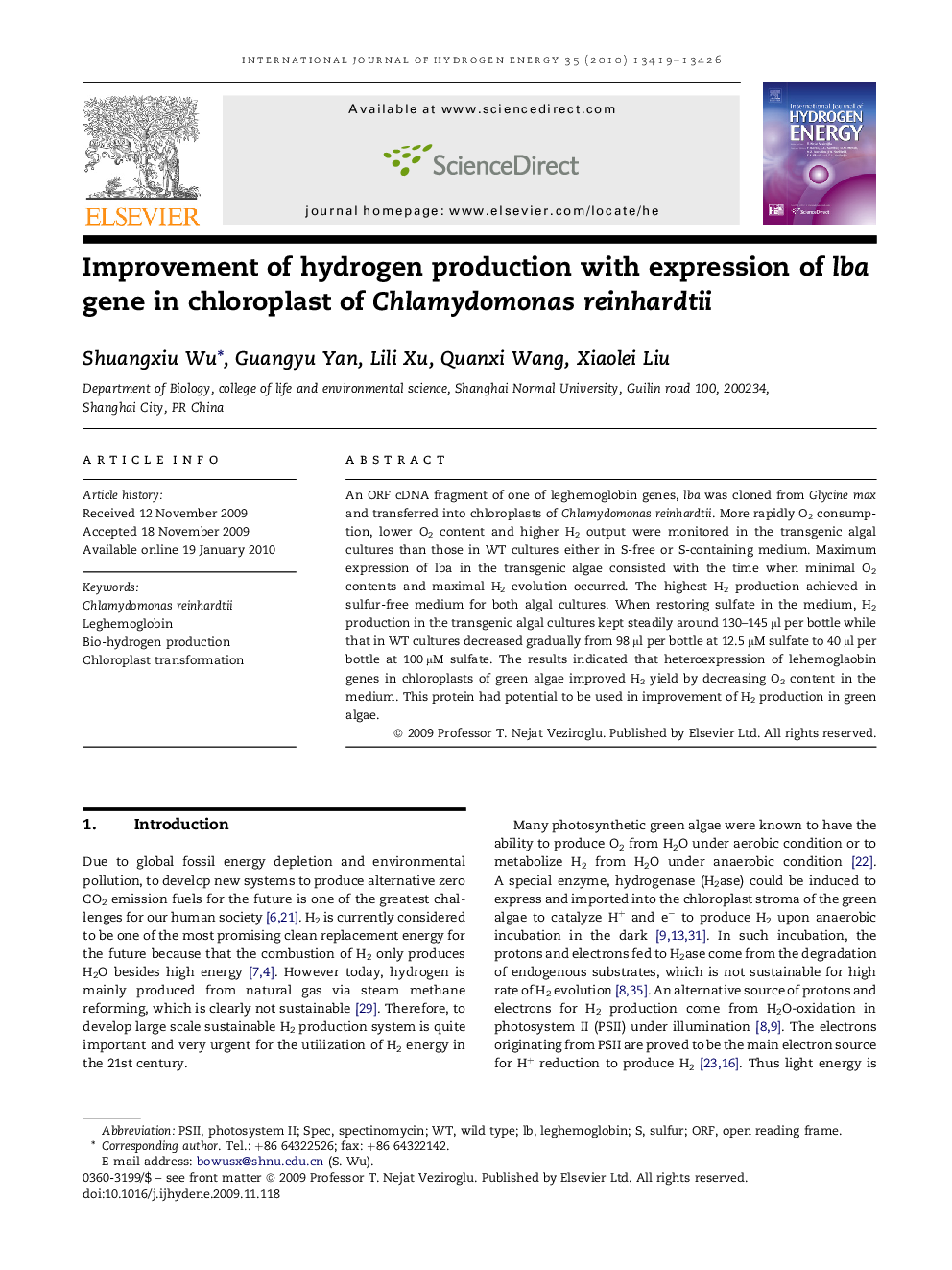 Improvement of hydrogen production with expression of lba gene in chloroplast of Chlamydomonas reinhardtii