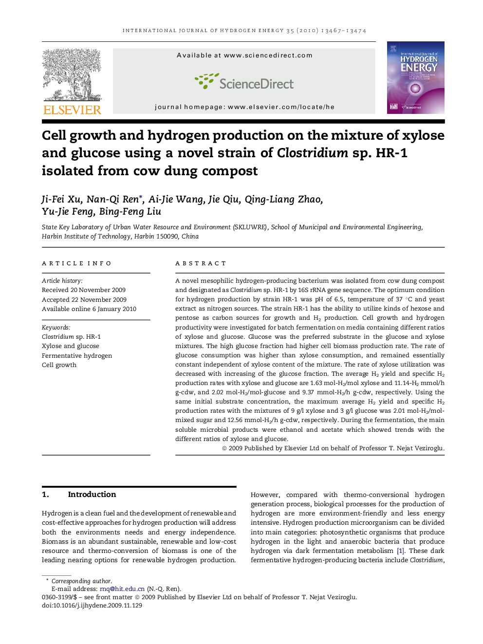 Cell growth and hydrogen production on the mixture of xylose and glucose using a novel strain of Clostridium sp. HR-1 isolated from cow dung compost