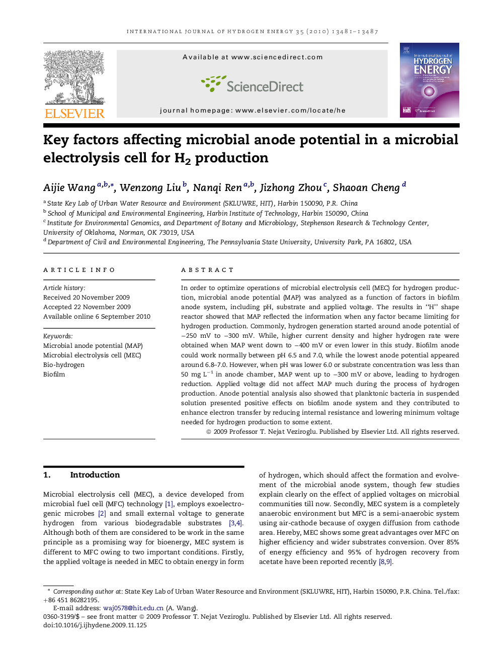 Key factors affecting microbial anode potential in a microbial electrolysis cell for H2 production