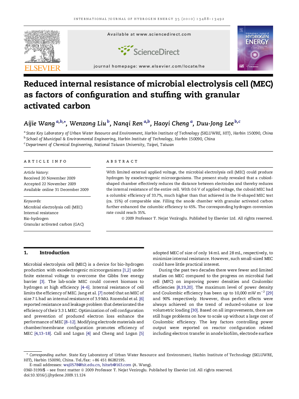 Reduced internal resistance of microbial electrolysis cell (MEC) as factors of configuration and stuffing with granular activated carbon