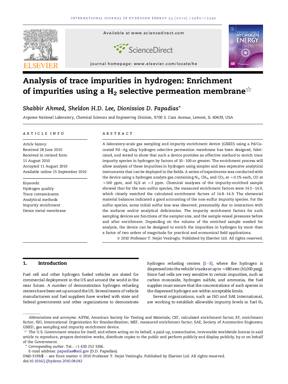 Analysis of trace impurities in hydrogen: Enrichment of impurities using a H2 selective permeation membrane 