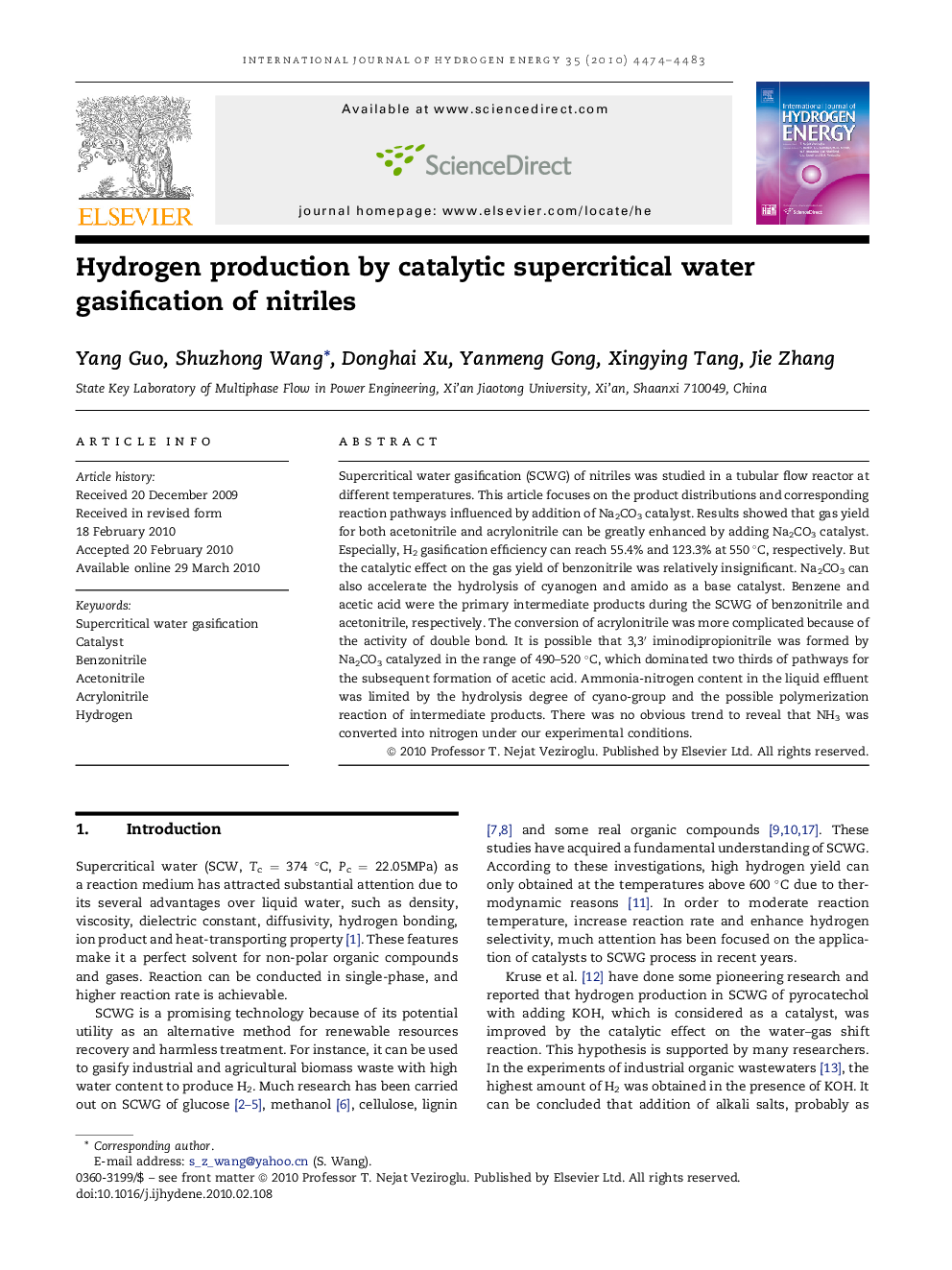 Hydrogen production by catalytic supercritical water gasification of nitriles