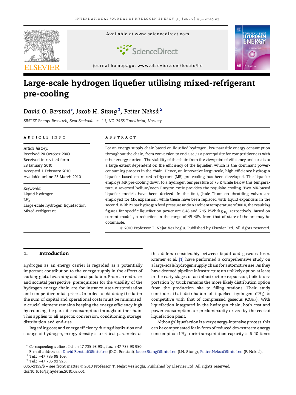 Large-scale hydrogen liquefier utilising mixed-refrigerant pre-cooling