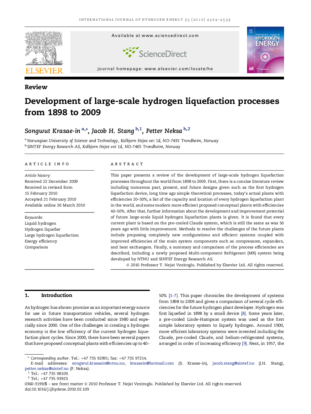 Development of large-scale hydrogen liquefaction processes from 1898 to 2009