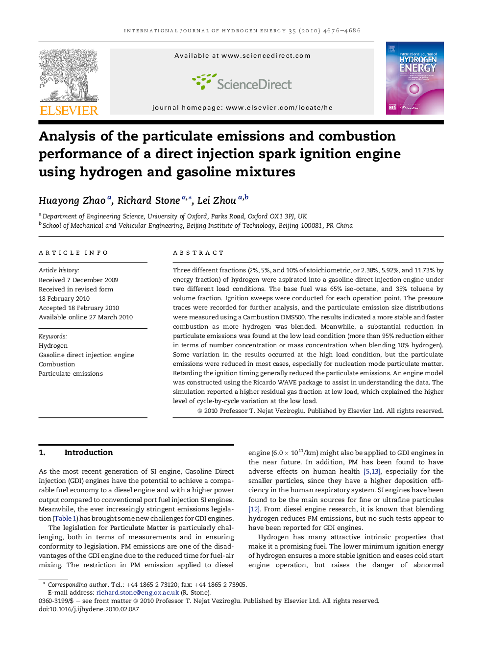 Analysis of the particulate emissions and combustion performance of a direct injection spark ignition engine using hydrogen and gasoline mixtures