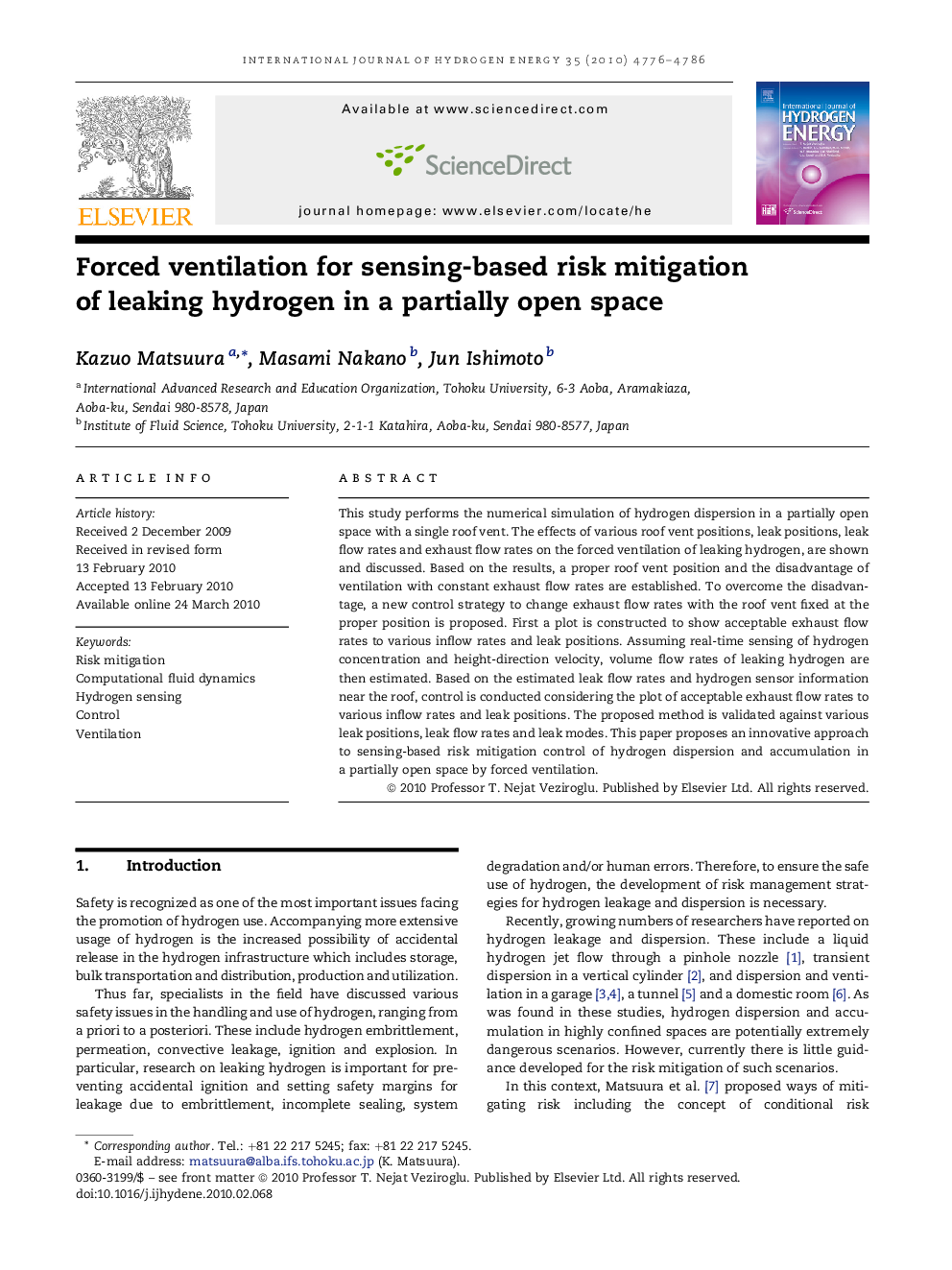 Forced ventilation for sensing-based risk mitigation of leaking hydrogen in a partially open space