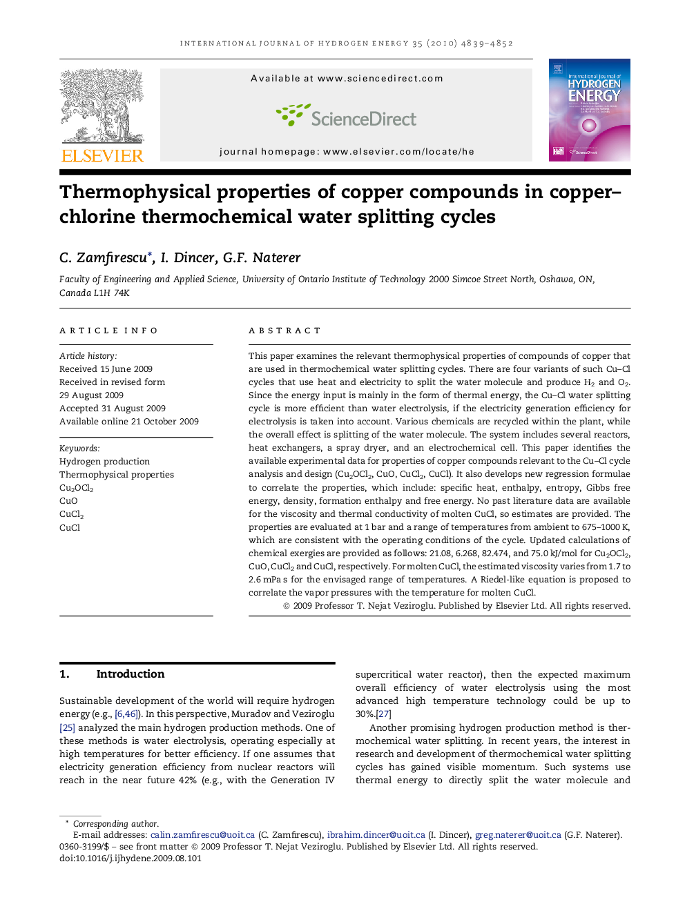 Thermophysical properties of copper compounds in copper–chlorine thermochemical water splitting cycles