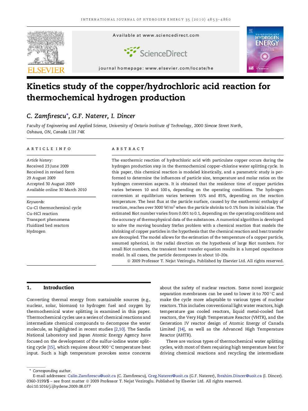 Kinetics study of the copper/hydrochloric acid reaction for thermochemical hydrogen production