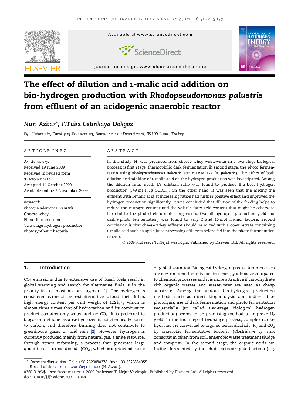 The effect of dilution and l-malic acid addition on bio-hydrogen production with Rhodopseudomonas palustris from effluent of an acidogenic anaerobic reactor