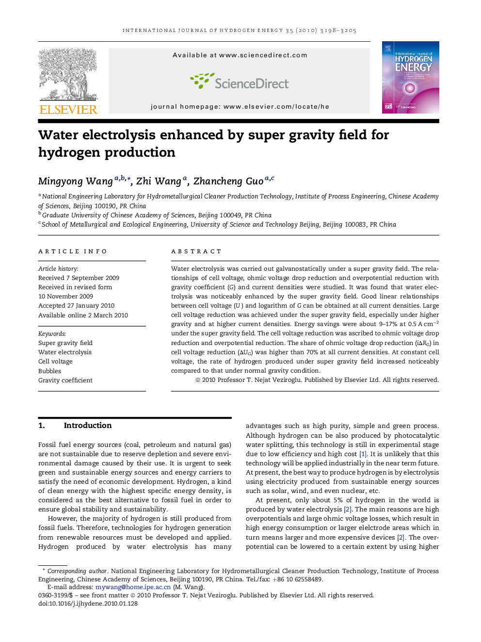 Water electrolysis enhanced by super gravity field for hydrogen production