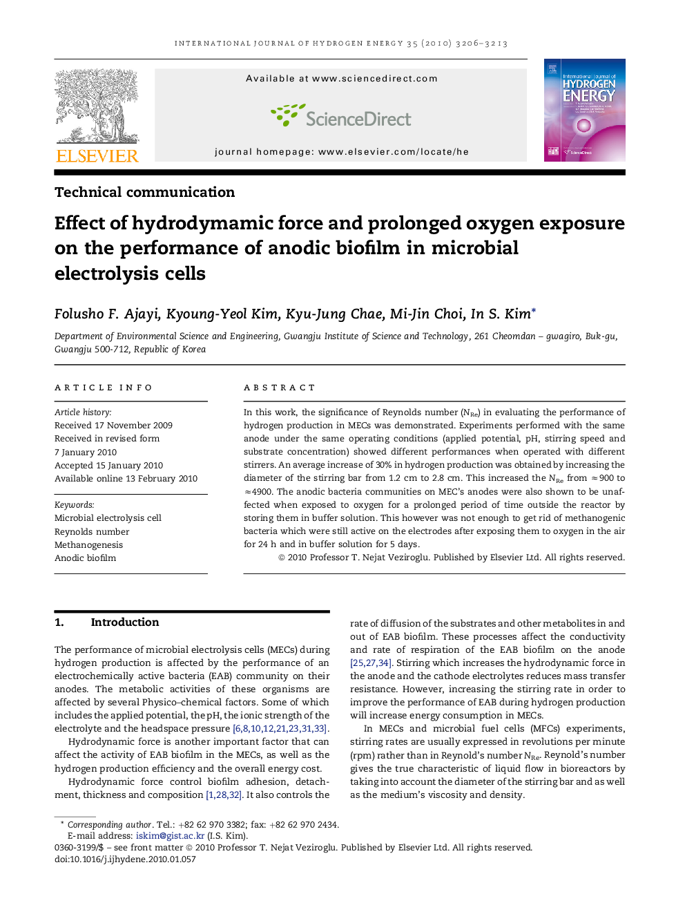 Effect of hydrodymamic force and prolonged oxygen exposure on the performance of anodic biofilm in microbial electrolysis cells