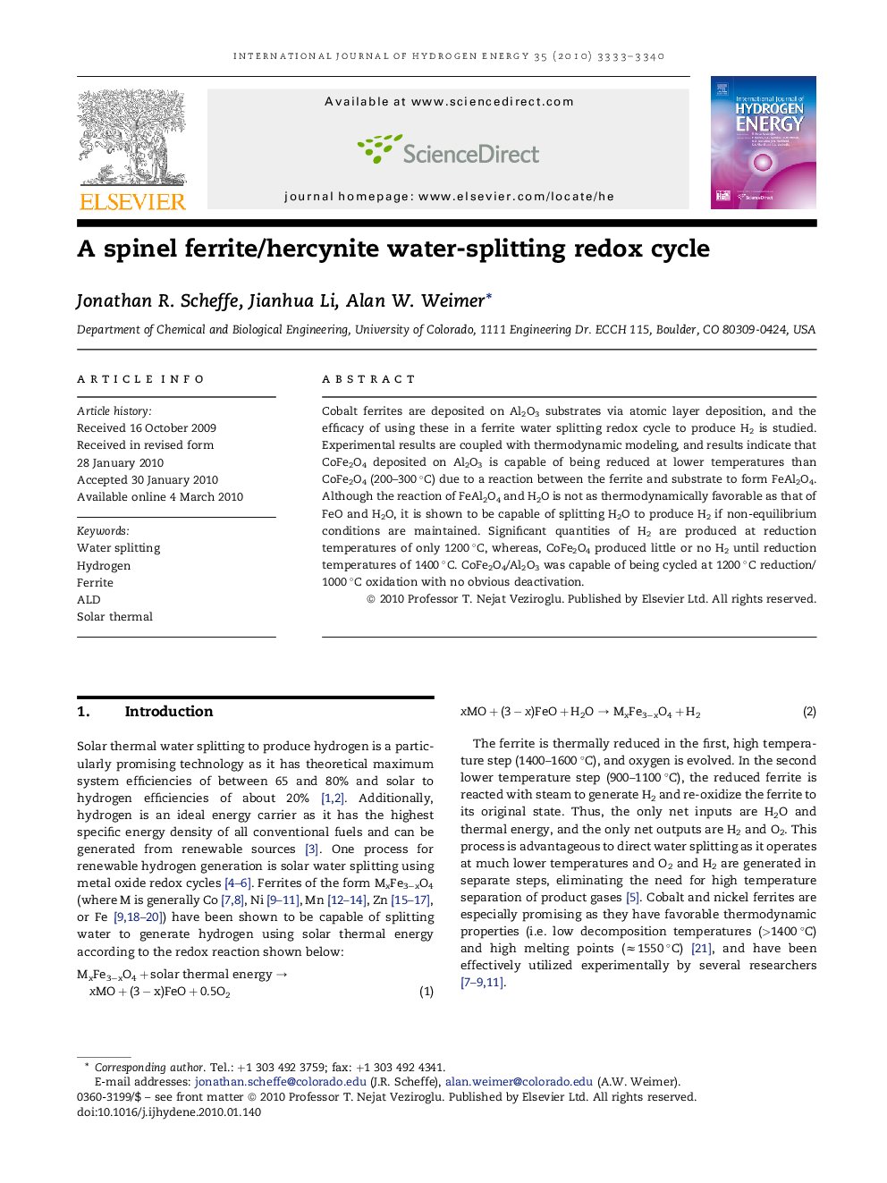 A spinel ferrite/hercynite water-splitting redox cycle