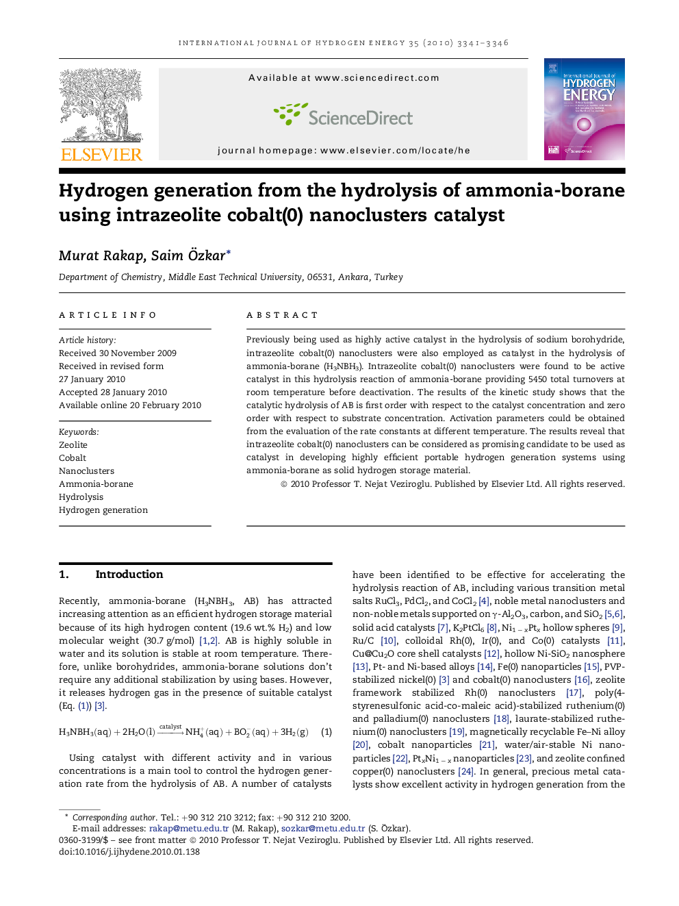 Hydrogen generation from the hydrolysis of ammonia-borane using intrazeolite cobalt(0) nanoclusters catalyst