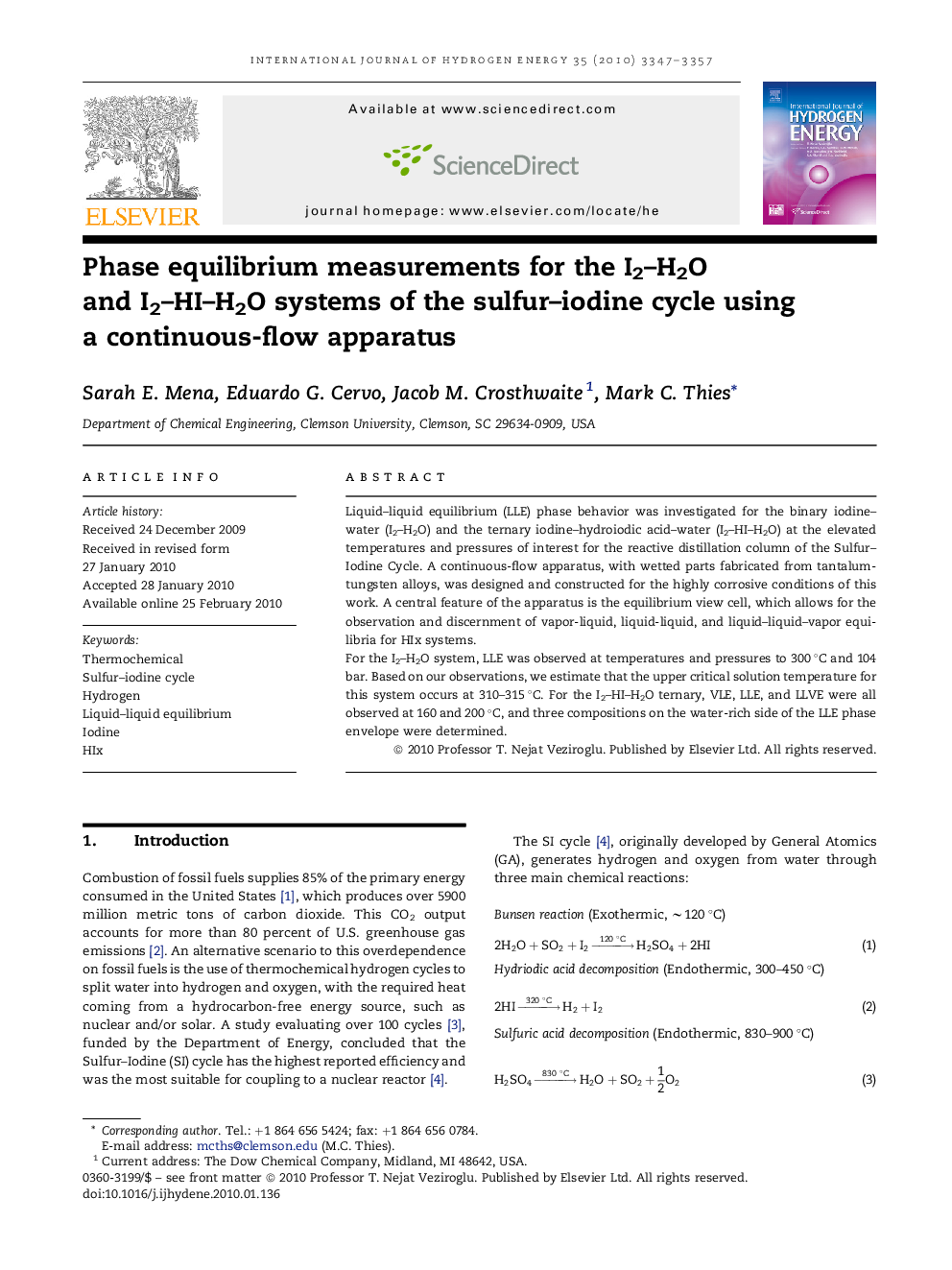 Phase equilibrium measurements for the I2–H2O and I2–HI–H2O systems of the sulfur–iodine cycle using a continuous-flow apparatus