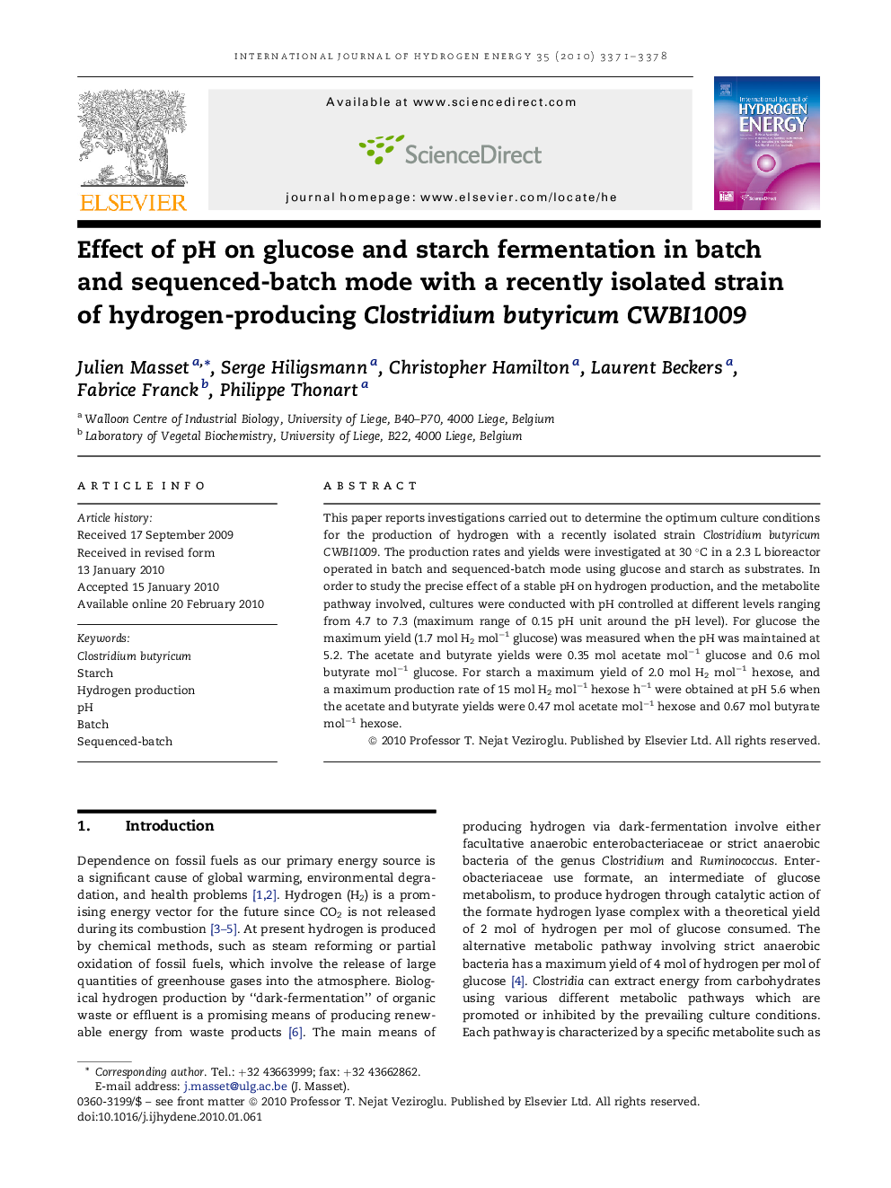 Effect of pH on glucose and starch fermentation in batch and sequenced-batch mode with a recently isolated strain of hydrogen-producing Clostridium butyricum CWBI1009