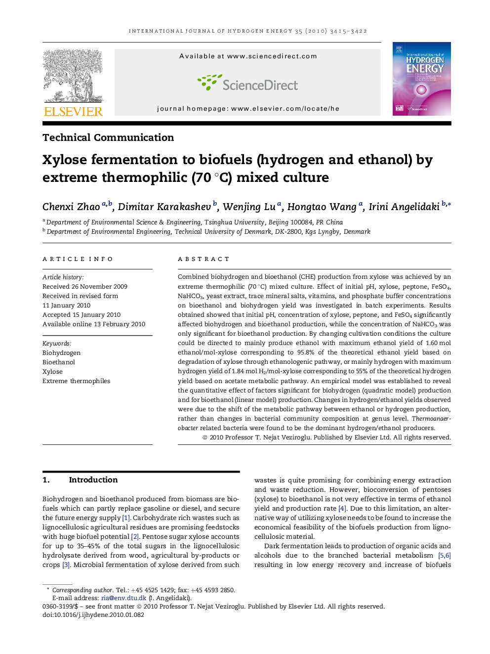 Xylose fermentation to biofuels (hydrogen and ethanol) by extreme thermophilic (70 °C) mixed culture