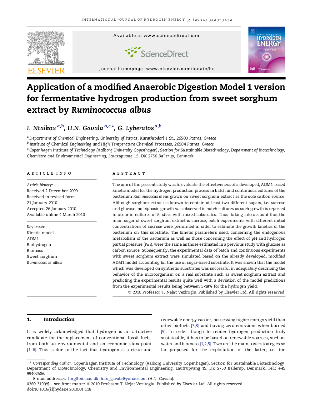 Application of a modified Anaerobic Digestion Model 1 version for fermentative hydrogen production from sweet sorghum extract by Ruminococcus albus