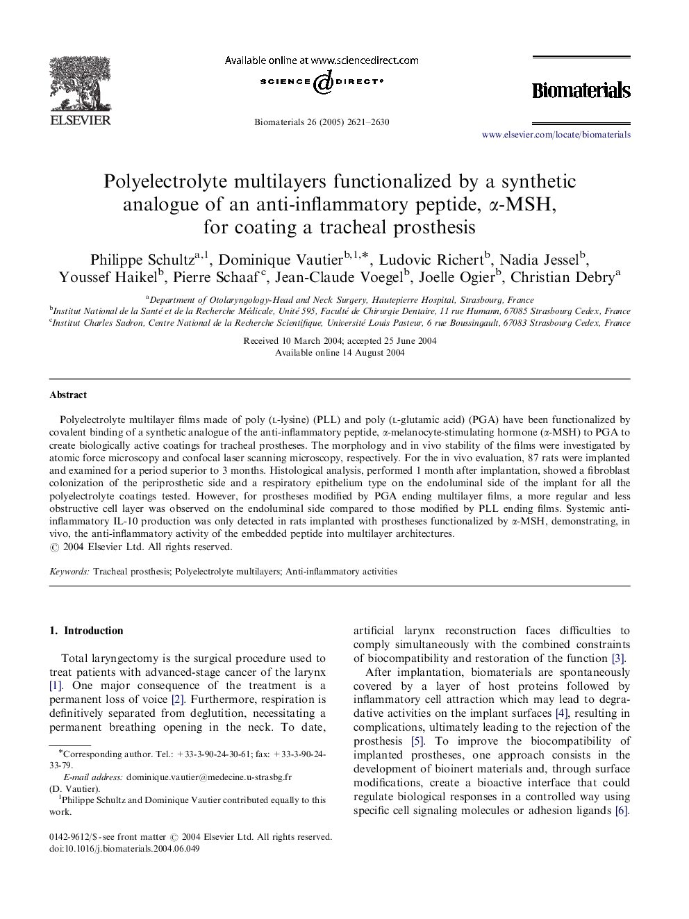 Polyelectrolyte multilayers functionalized by a synthetic analogue of an anti-inflammatory peptide, α-MSH, for coating a tracheal prosthesis