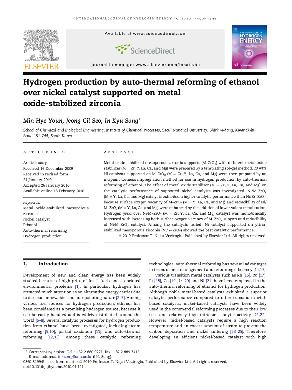 Hydrogen production by auto-thermal reforming of ethanol over nickel catalyst supported on metal oxide-stabilized zirconia