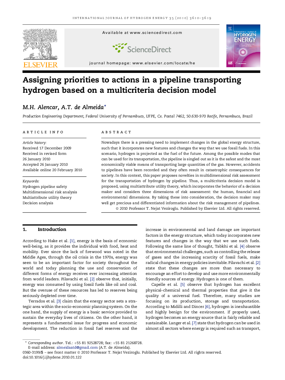 Assigning priorities to actions in a pipeline transporting hydrogen based on a multicriteria decision model