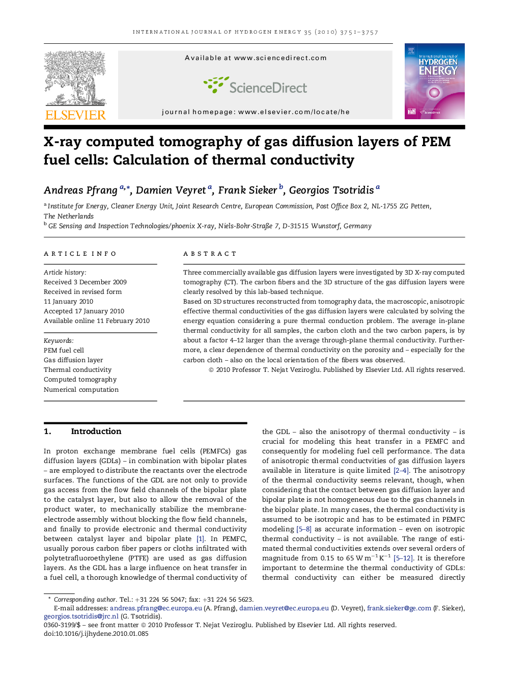 X-ray computed tomography of gas diffusion layers of PEM fuel cells: Calculation of thermal conductivity