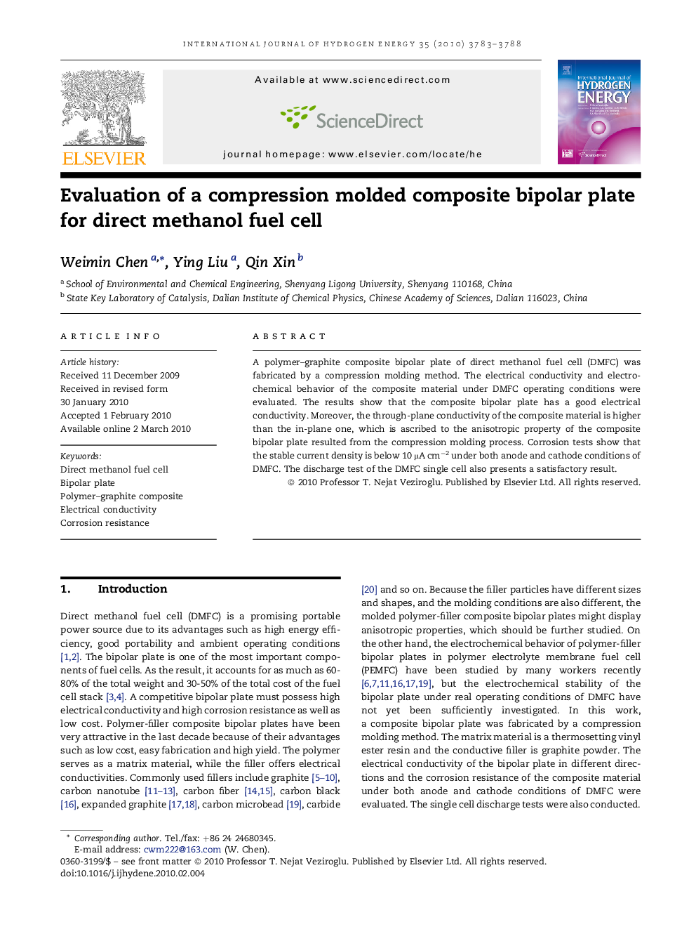 Evaluation of a compression molded composite bipolar plate for direct methanol fuel cell