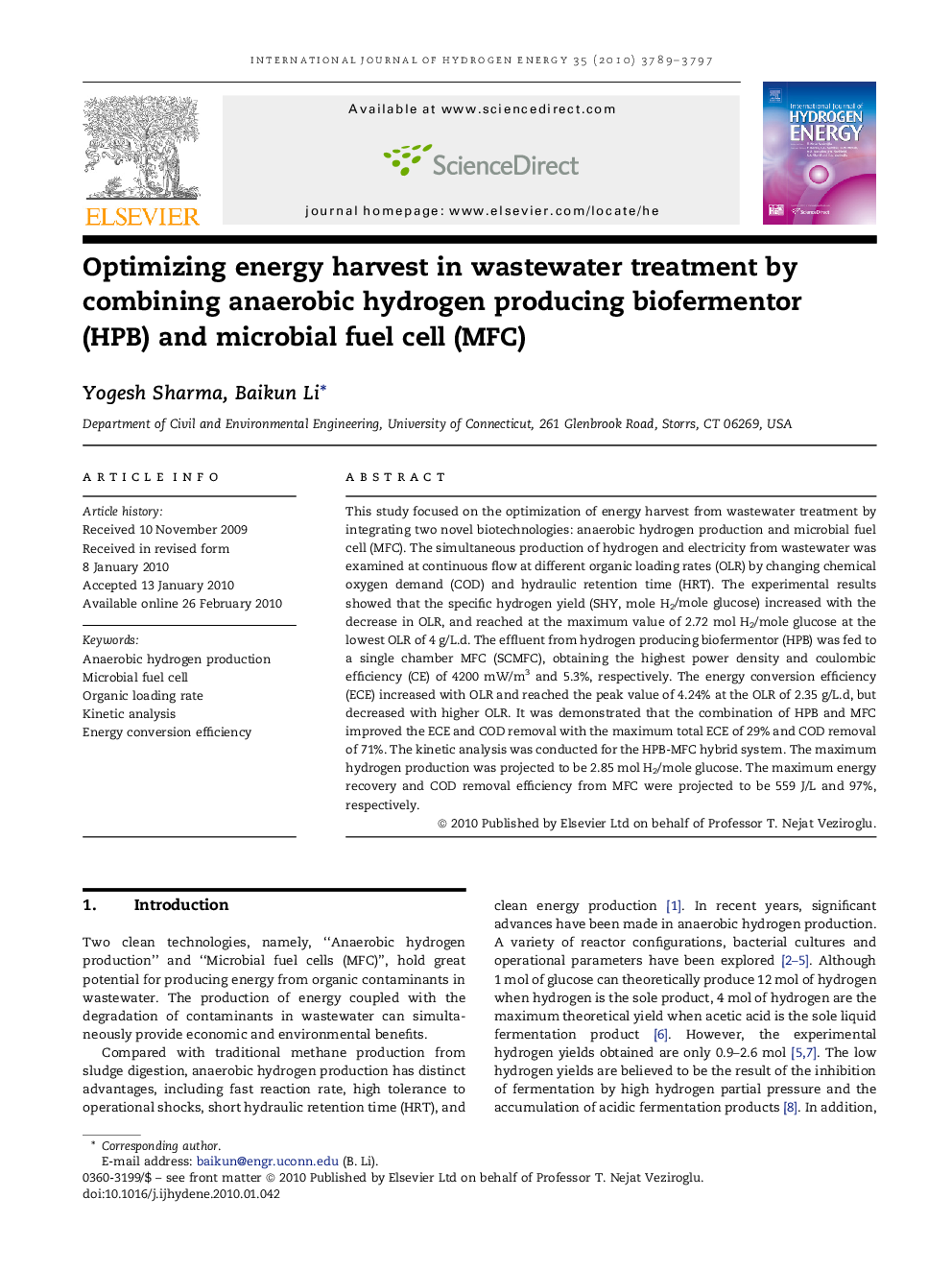 Optimizing energy harvest in wastewater treatment by combining anaerobic hydrogen producing biofermentor (HPB) and microbial fuel cell (MFC)