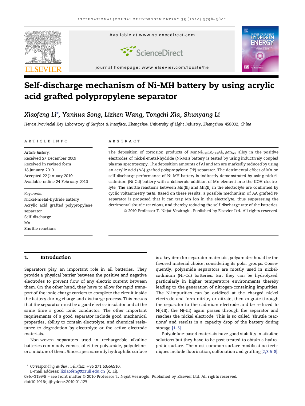 Self-discharge mechanism of Ni-MH battery by using acrylic acid grafted polypropylene separator