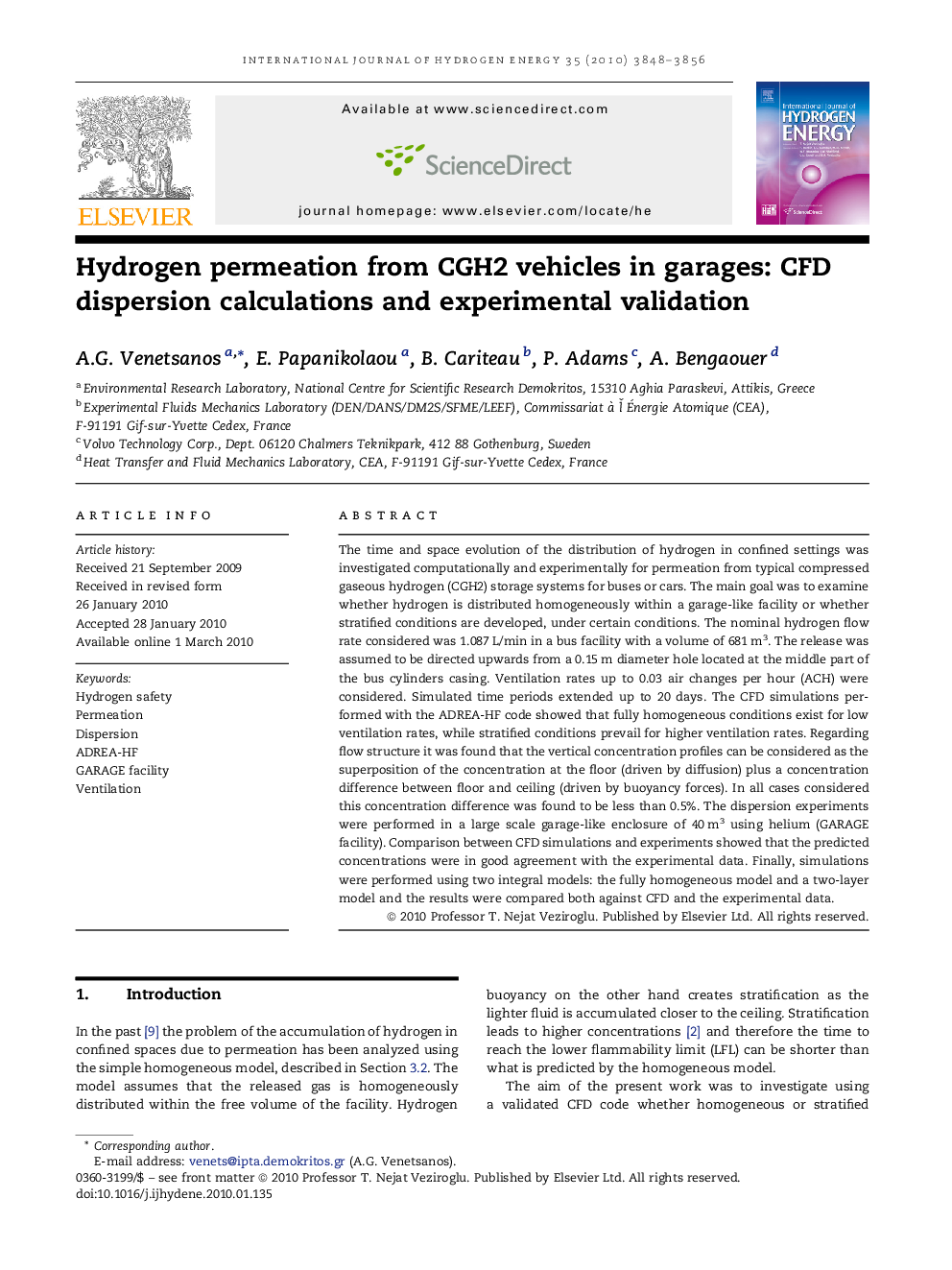 Hydrogen permeation from CGH2 vehicles in garages: CFD dispersion calculations and experimental validation