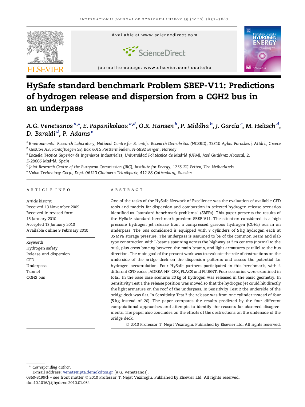 HySafe standard benchmark Problem SBEP-V11: Predictions of hydrogen release and dispersion from a CGH2 bus in an underpass