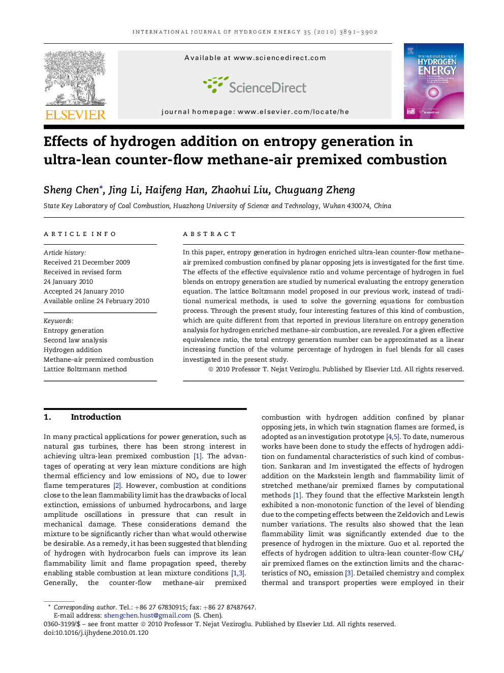 Effects of hydrogen addition on entropy generation in ultra-lean counter-flow methane-air premixed combustion