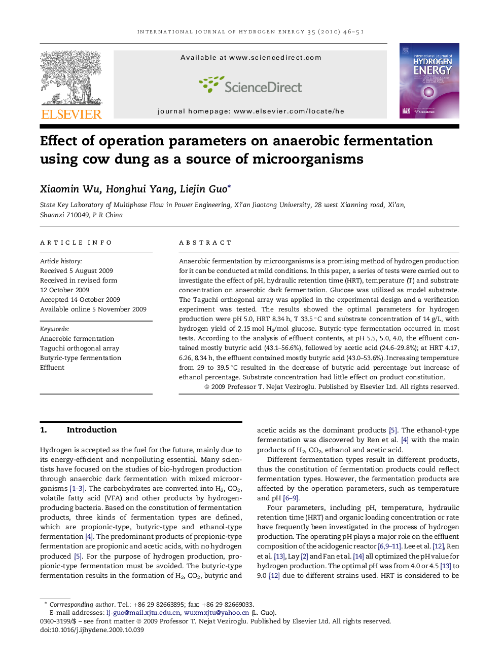 Effect of operation parameters on anaerobic fermentation using cow dung as a source of microorganisms