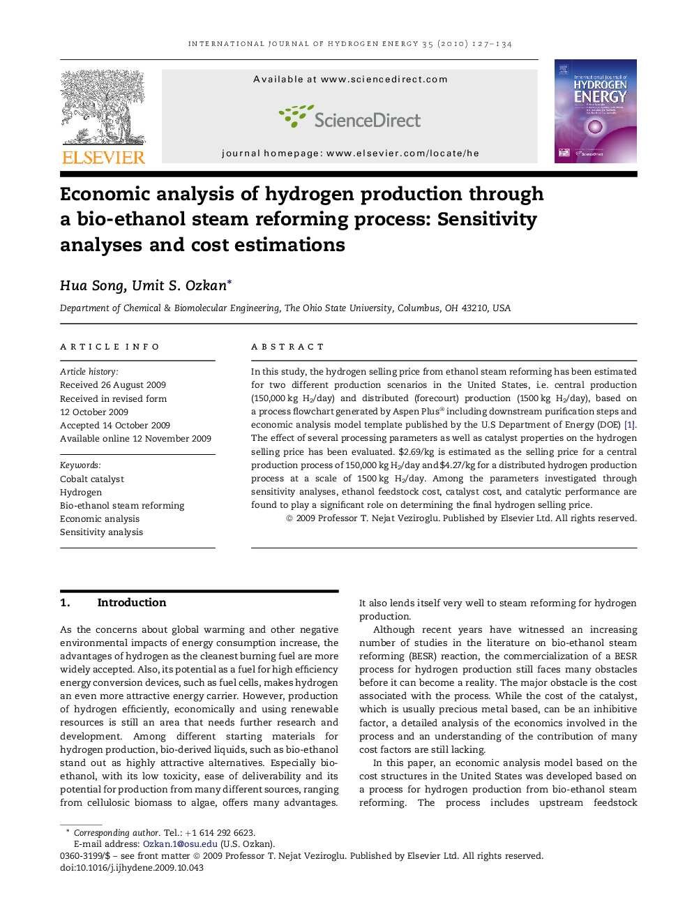 Economic analysis of hydrogen production through a bio-ethanol steam reforming process: Sensitivity analyses and cost estimations