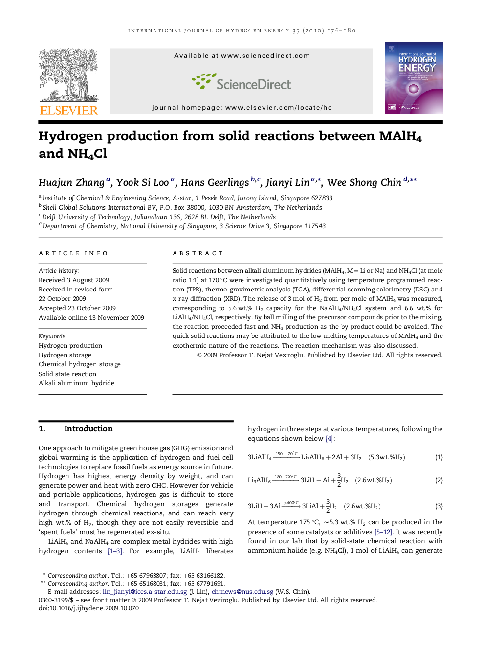 Hydrogen production from solid reactions between MAlH4 and NH4Cl