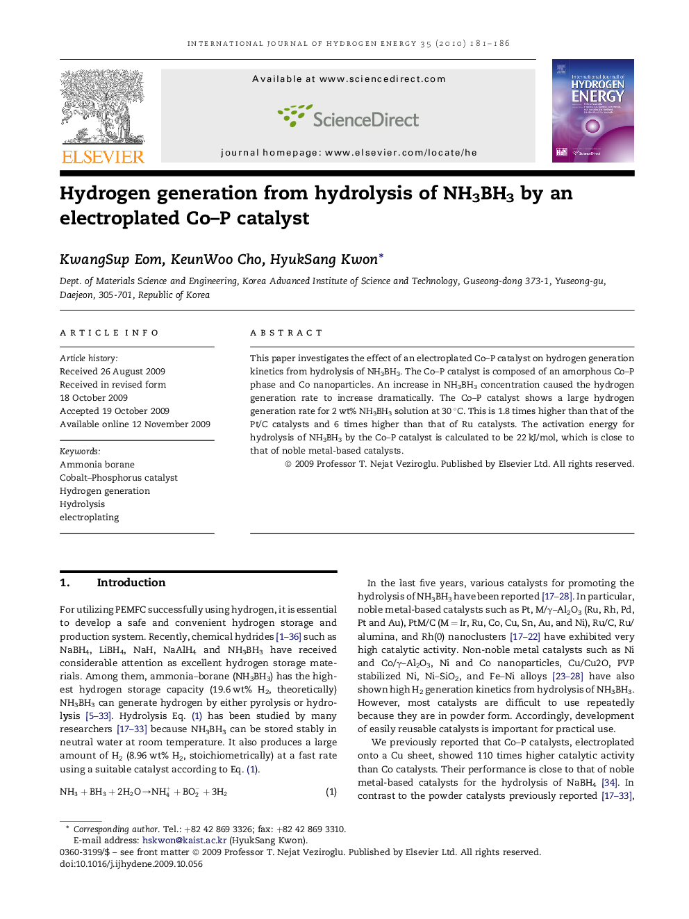 Hydrogen generation from hydrolysis of NH3BH3 by an electroplated Co–P catalyst