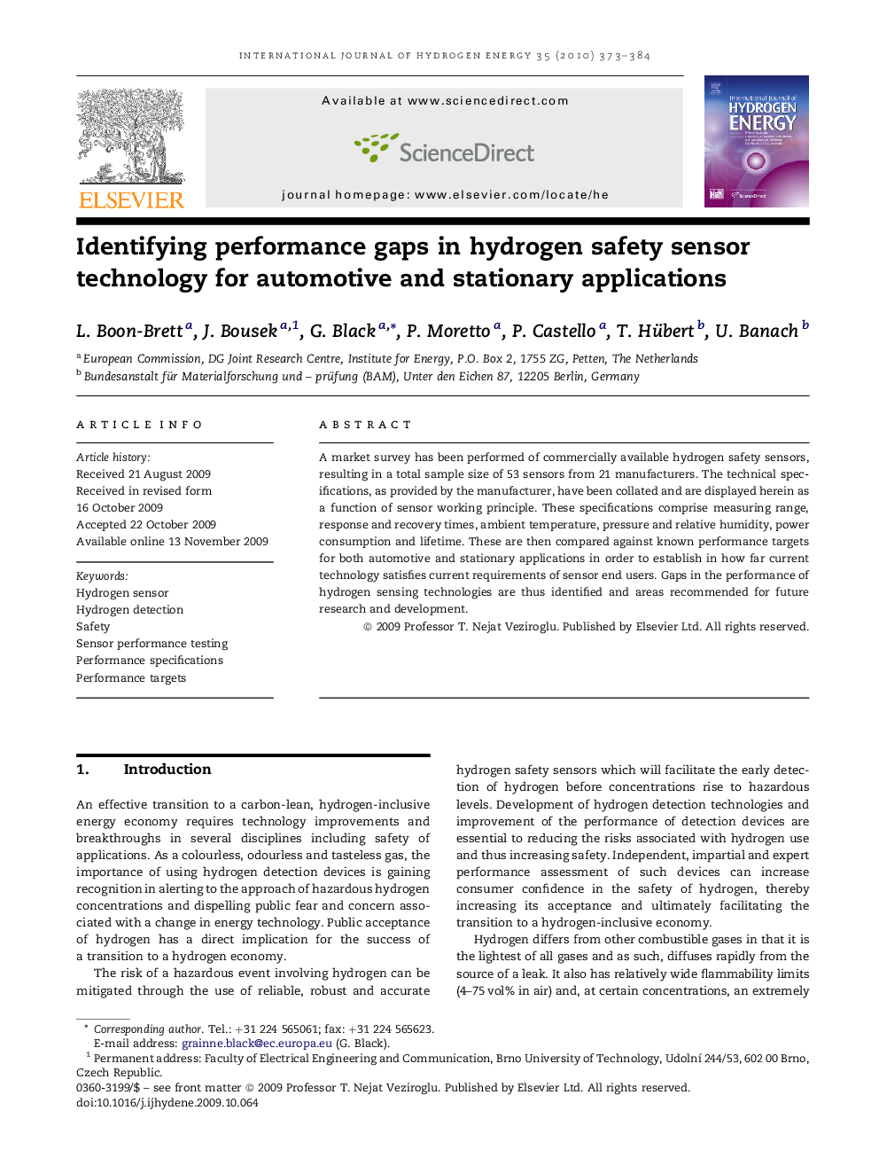 Identifying performance gaps in hydrogen safety sensor technology for automotive and stationary applications