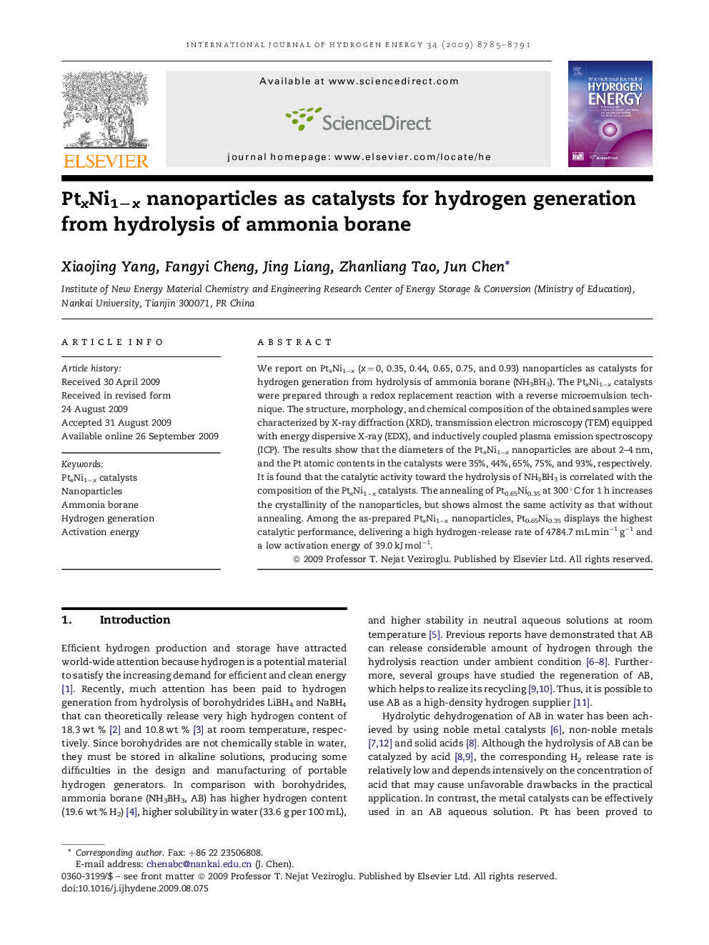 PtxNi1−x nanoparticles as catalysts for hydrogen generation from hydrolysis of ammonia borane