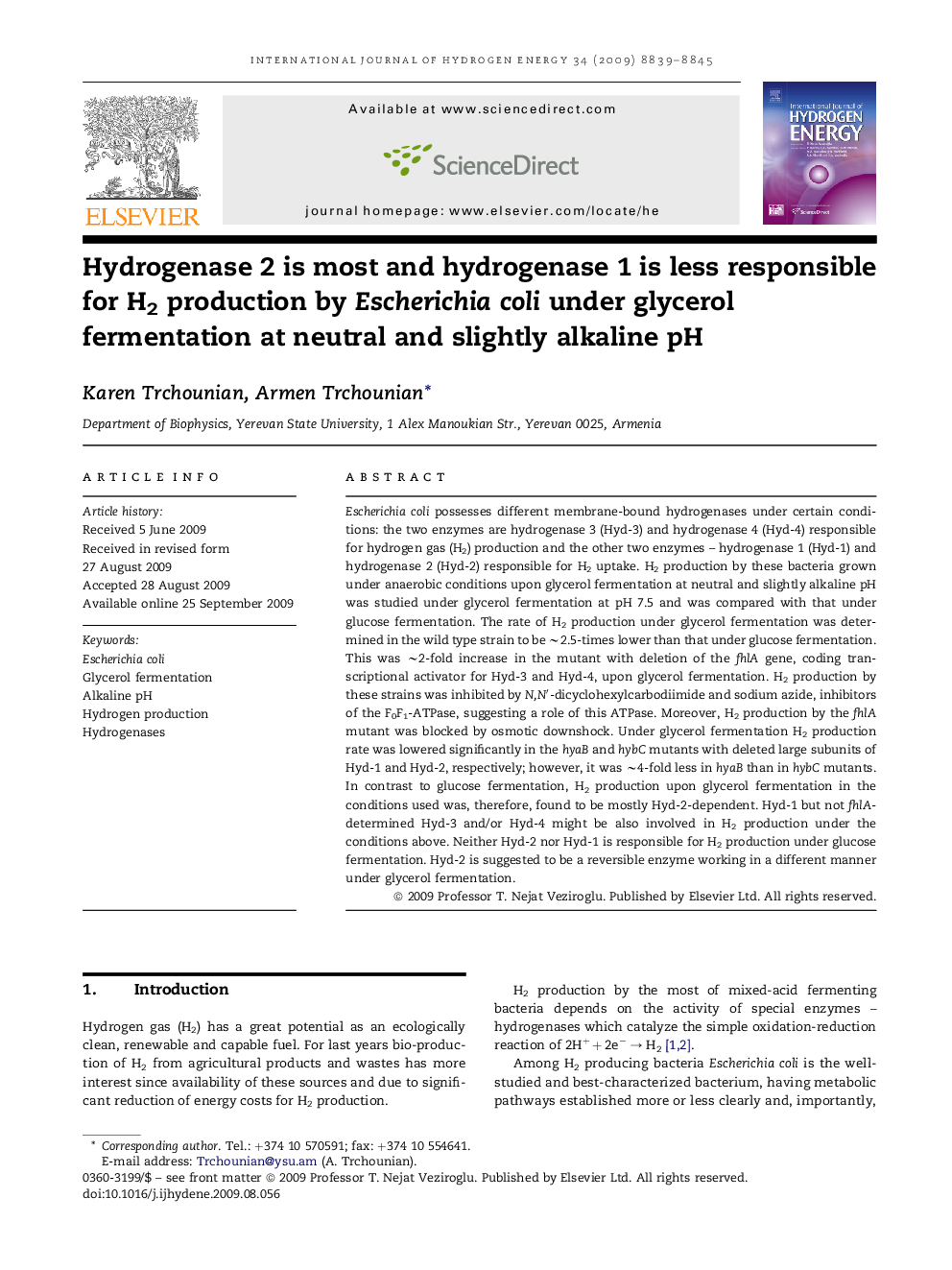 Hydrogenase 2 is most and hydrogenase 1 is less responsible for H2 production by Escherichia coli under glycerol fermentation at neutral and slightly alkaline pH