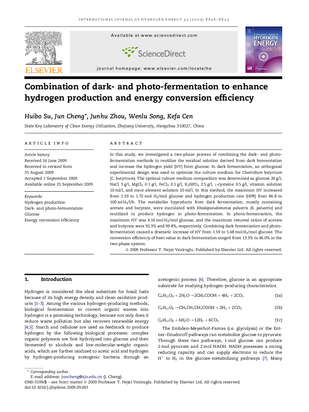 Combination of dark- and photo-fermentation to enhance hydrogen production and energy conversion efficiency