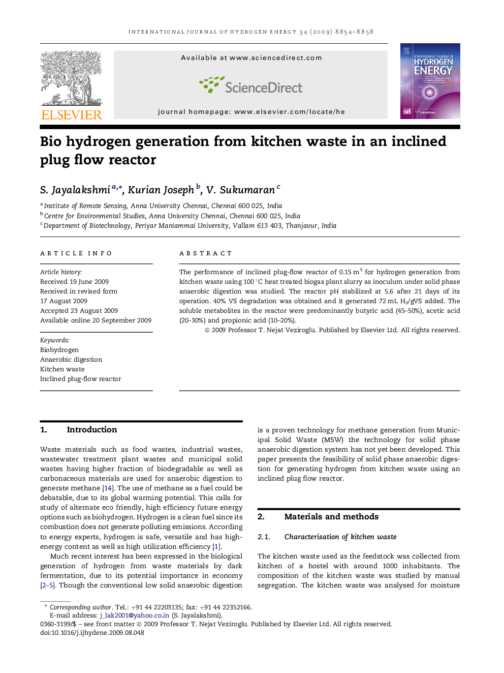 Bio hydrogen generation from kitchen waste in an inclined plug flow reactor