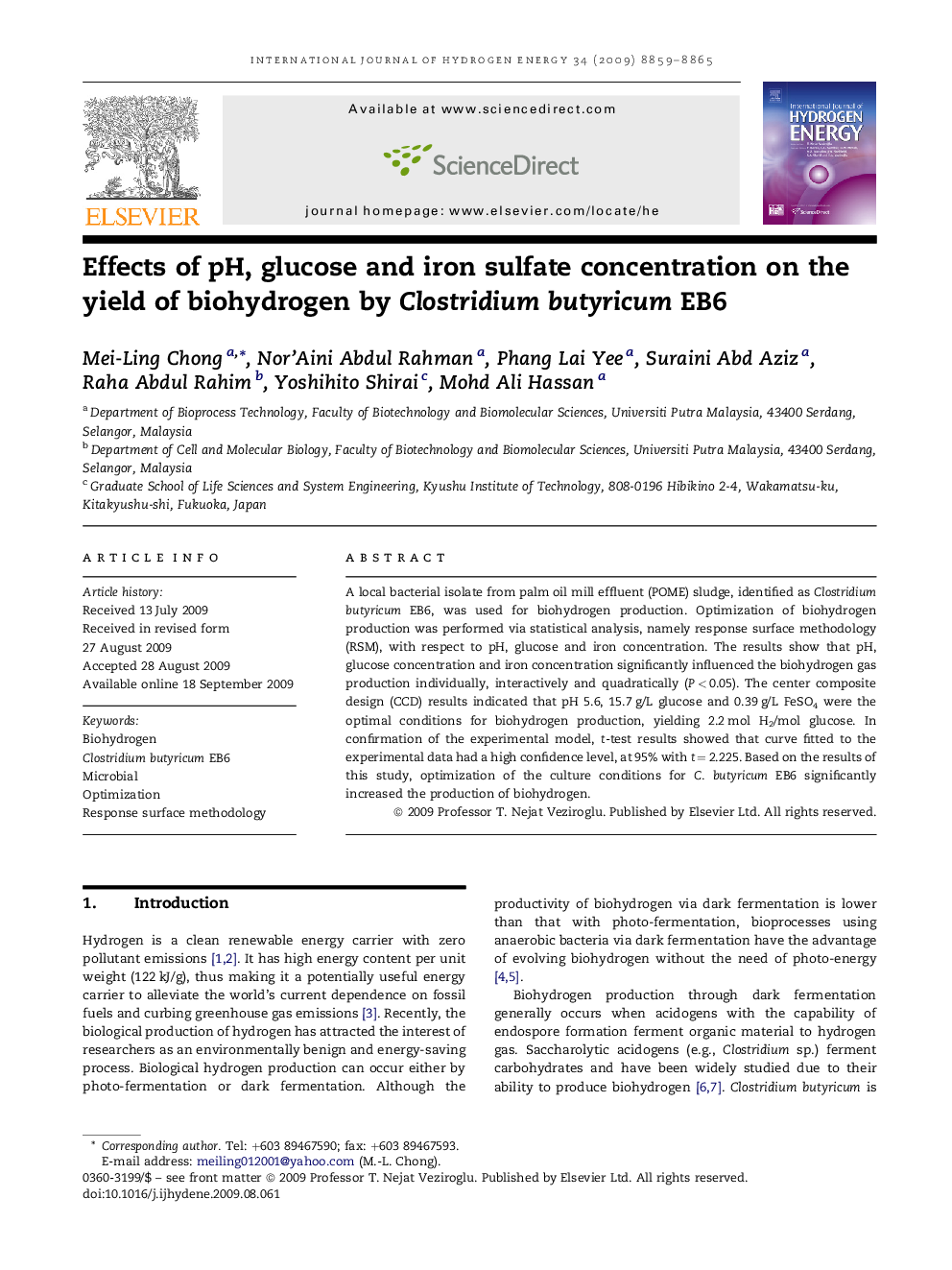 Effects of pH, glucose and iron sulfate concentration on the yield of biohydrogen by Clostridium butyricum EB6