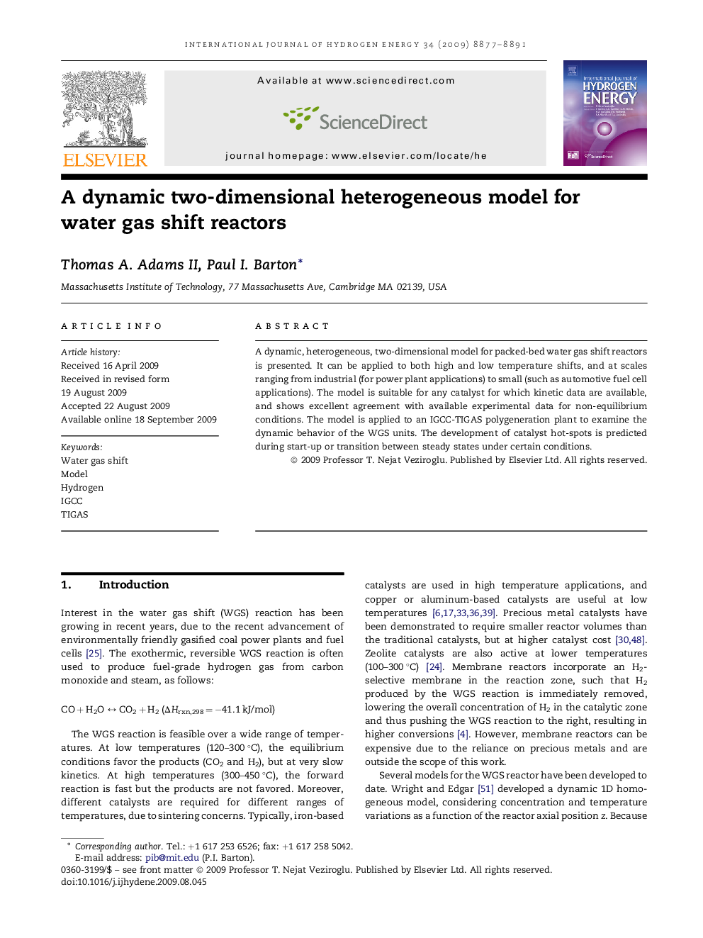 A dynamic two-dimensional heterogeneous model for water gas shift reactors