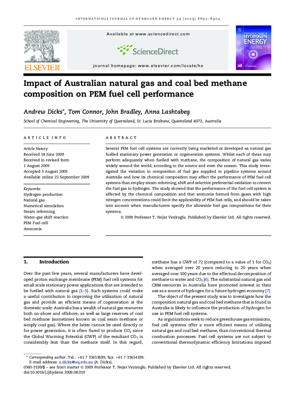 Impact of Australian natural gas and coal bed methane composition on PEM fuel cell performance