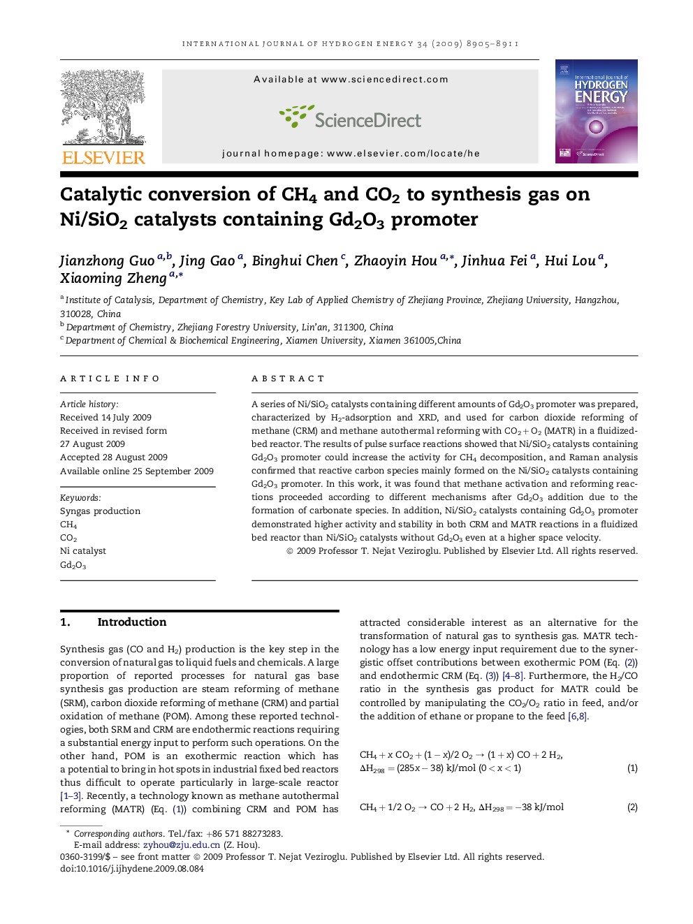 Catalytic conversion of CH4 and CO2 to synthesis gas on Ni/SiO2 catalysts containing Gd2O3 promoter