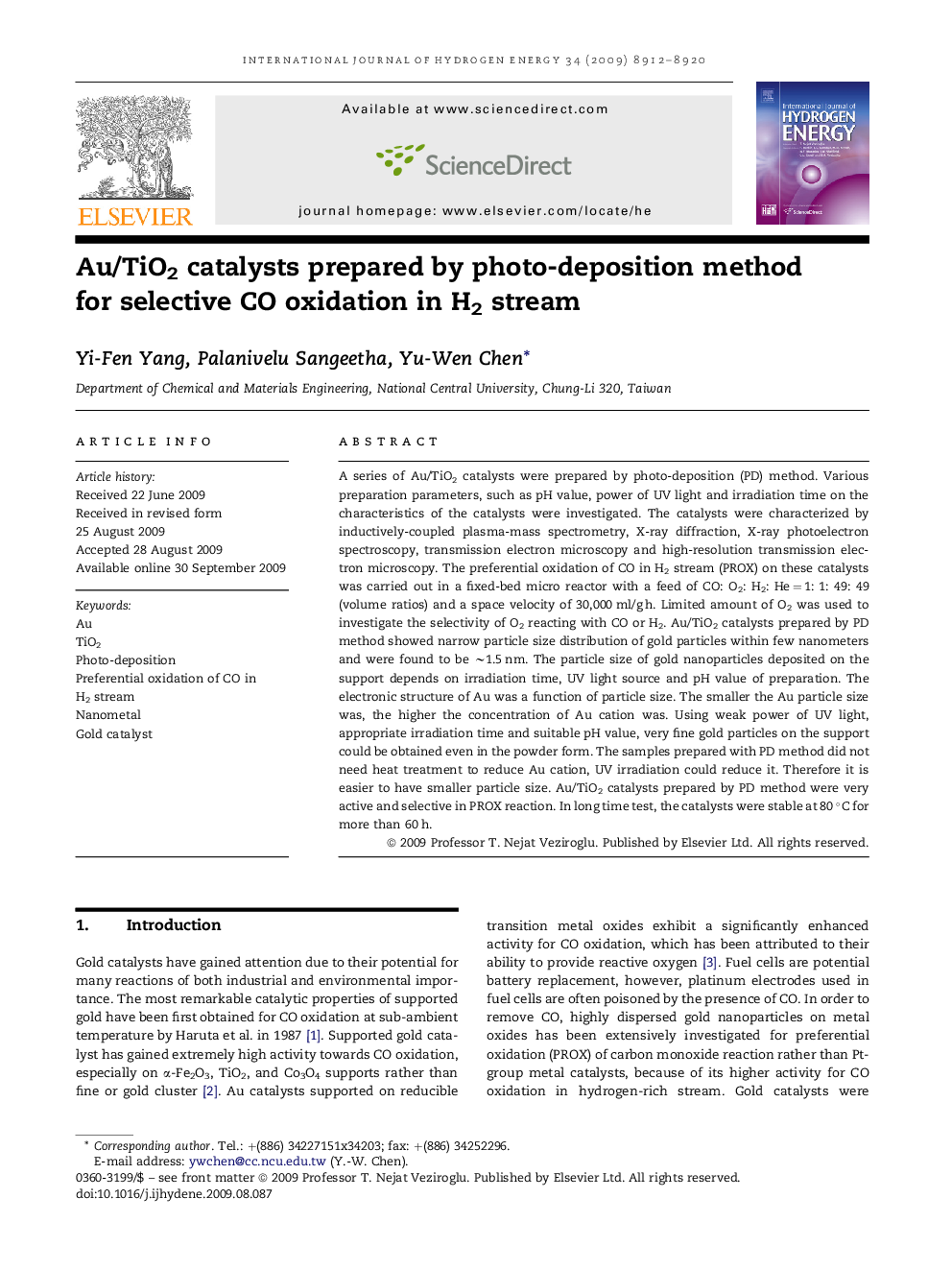 Au/TiO2 catalysts prepared by photo-deposition method for selective CO oxidation in H2 stream