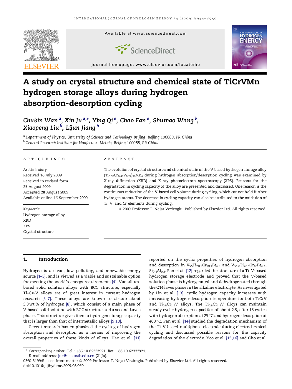 A study on crystal structure and chemical state of TiCrVMn hydrogen storage alloys during hydrogen absorption-desorption cycling