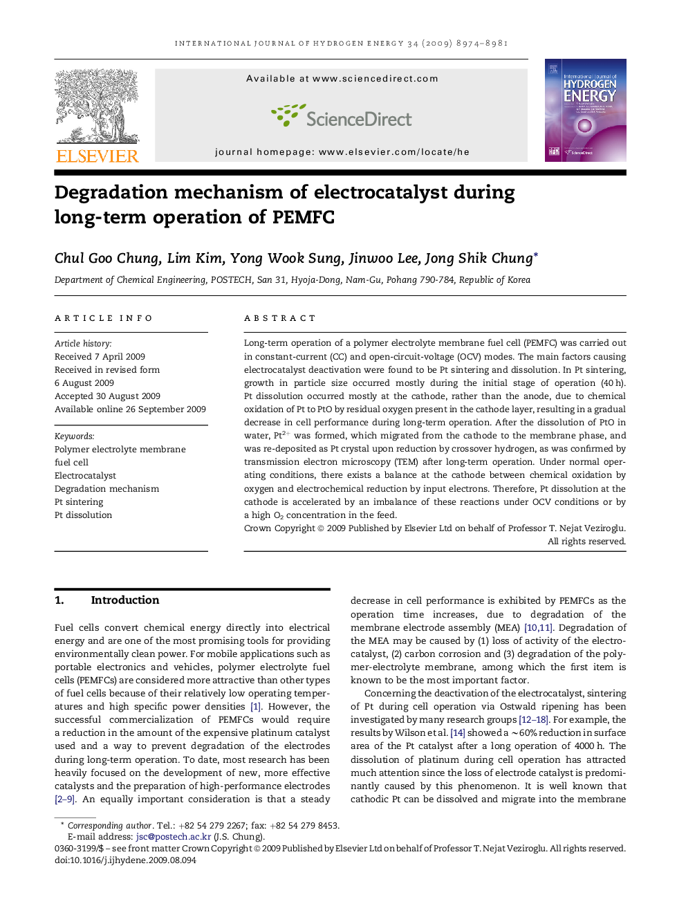 Degradation mechanism of electrocatalyst during long-term operation of PEMFC